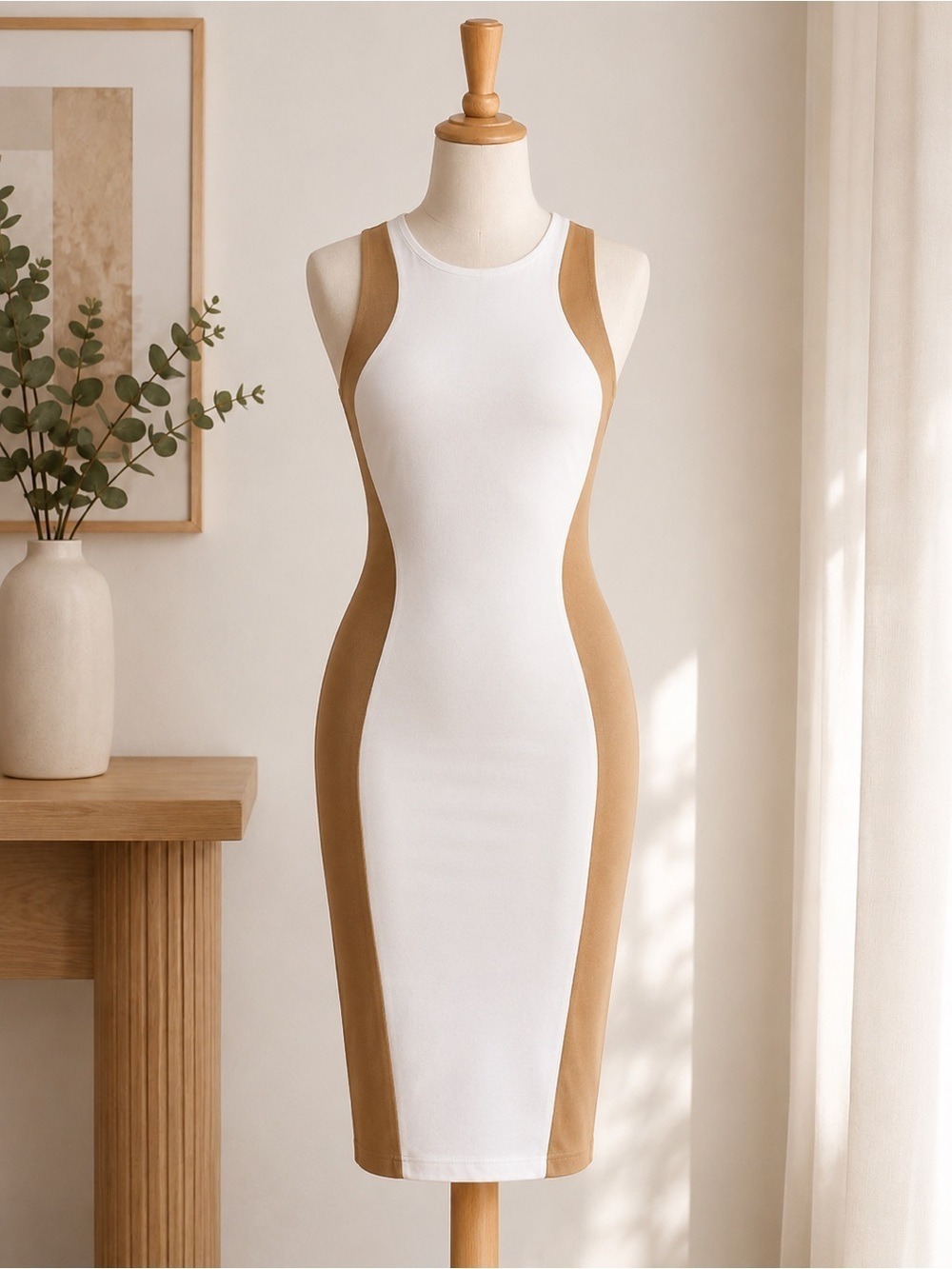Torn by Ronny Kobo White Camel Colorblock Bodycon Midi Dress XS